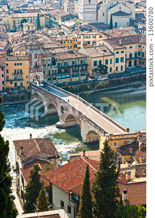 View of Adige river and St Peter bridge, Verona, Italy. 13600780