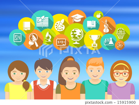 Happy kids and school icons Education Flat Concept 15915900