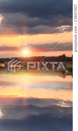 Avignon Bridge and river at sunset,Provence,France 23605907