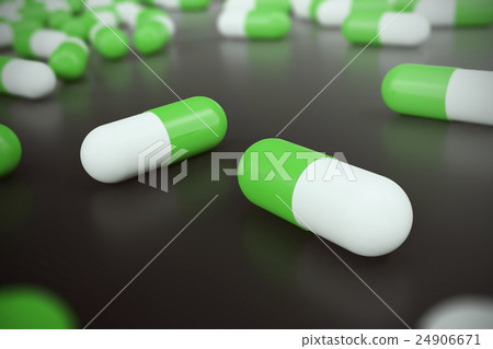 Heap of green white round capsule pills with 24906671