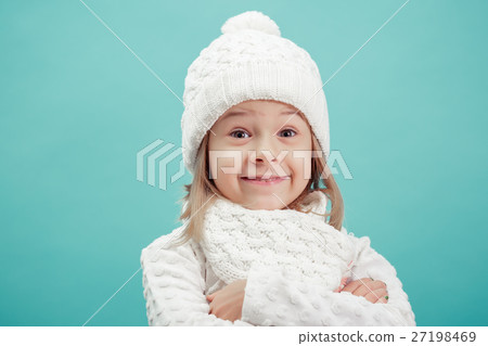 portrait of a little  girl in white hat and scarf 27198469