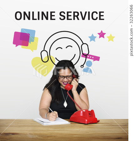 Woman with illustration of contact us online customer services 32263066