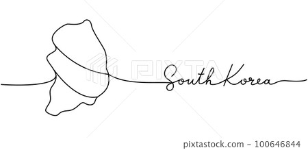 South Korea - word with country silhouette one line. Minimalist drawing illustration. South Korea country silhouette continuous one line illustration. 100646844