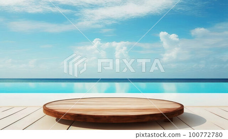 Empty wooden table top for product display with blur luxury background of sea and sky  100772780