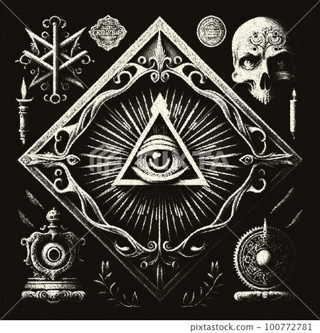 Occult symbols composition in dotwork style. Abstract mystic elements, Skull, candles and sacred triangle with eye in retro flat lay composition. 100772781