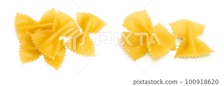 Bow tie pasta isolated on white background with  full depth of field. Top view. Flat lay. 100918620