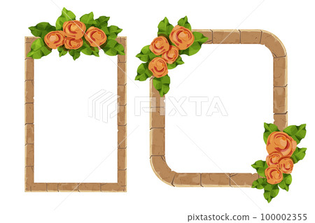 Set Stone Frame with floral elegant decoration, flowers and leaves in cartoon style, border isolated on white background.  100002355