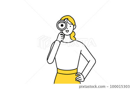 Casually dressed young woman looking through a magnifying glass 100015303