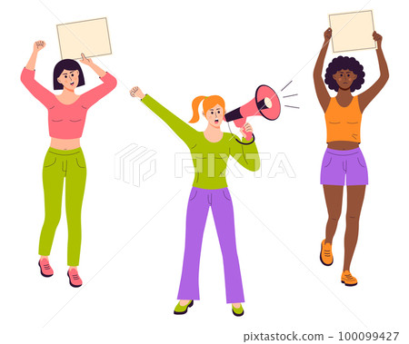 Women protest with empty banners, strike street demonstration, voice with megaphone. Social political demonstration, human right, protest, meeting concept. 100099427