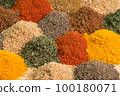 Spice and seasoning. Various fragrant spice market. Heap different Asian Spices lies on wooden background. Assortment spices and herbs for cooking 100180071