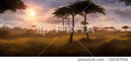 African savanna. Grass, acacia trees and river. Realistic vector landscape. African nature. Reserves and national parks. Banner vector illustration. Savanna landscape background 100197606