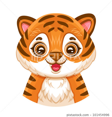 Cute african tiger cub face portrait. Funny little baby bengal wildcat head. Orange striped wild jungle cat or leopard. Happy kitten for kids print. Oriental zodiac animal sign. Cartoon vector 101454996