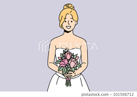 Smiling woman in wedding dress and bridal bouquet  101508712