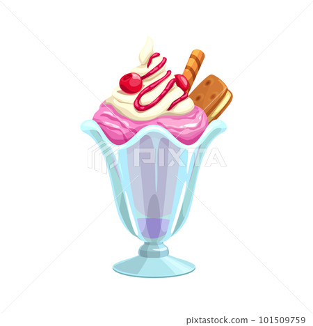 Cartoon ice cream in glass cup. Vector sundae dessert food of strawberry gelato with whipped cream, cherries and sweet fruit syrup toppings, chocolate waffle tube and chocolate cookie sandwich 101509759