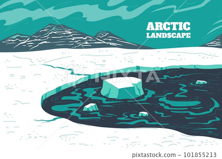 Arctic landscape with icebergs in sea and mountains, flat vector illustration. 101855213