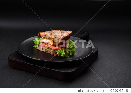 Delicious sandwich with crispy toast, chicken, tomatoes and lettuce 101024348