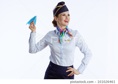 happy modern flight attendant woman on white 101026461