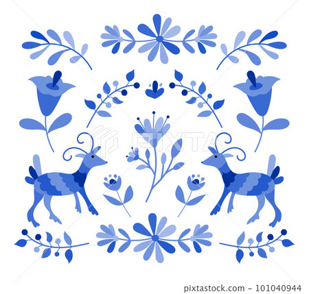 Mexican otomi embrodery ornament. Colorful Mexican Traditional Textile Embroidery Style. Folk otomi style graphic, wallpaper. Festive mexican floral motif. 101040944