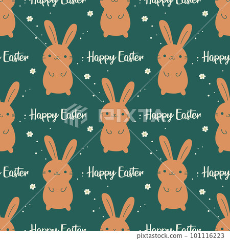 Happy Easter. Vector Seamless Pattern with Easter Cute Funny Cartoon Rabbit. Easter Holiday Design with Flat Hare, Bunny. Vector Illustration 101116223