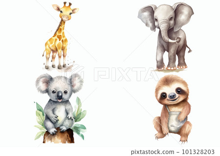 Safari Animal set koala, giraffe, sloth, elephant in 3d style. Isolated vector illustration 101328203