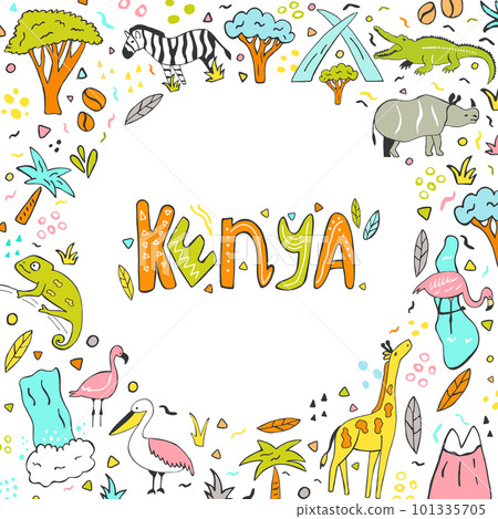 Hand drawn abstract design of Kenya with landmarks 101335705