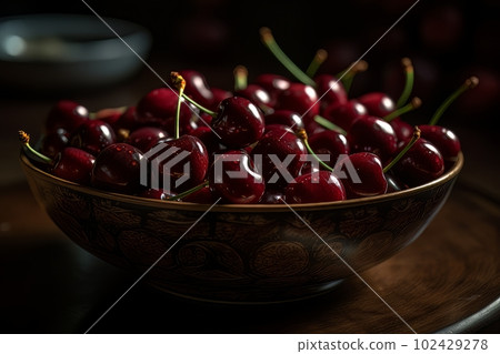 Large ripe juicy tasty cherries in a ceramic bowl on a dark background made with generative AI 102429278