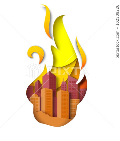 City buildings in fire flames vector illustration in paper cut style 102508226