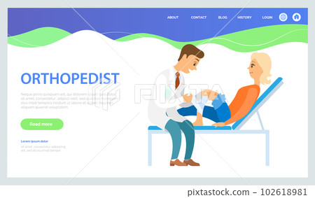 Orthopedic treatment web banner or landing page template. Patient with injured leg on a consultation 102618981