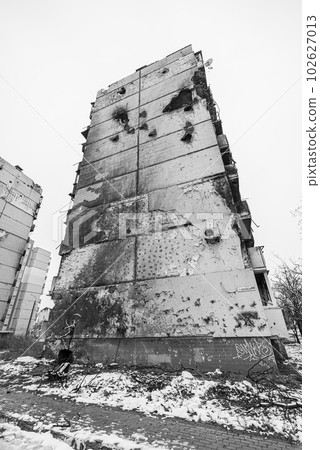 IRPIN, UKRAINE - NOVEMBER 29, 2022: Black and white photo of Banksy graffiti in Irpin, Ukraine 102627013