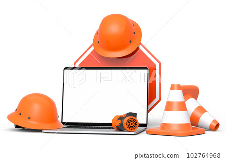 Set of safety helmets or hard hats and traffic cones, road sign on white 102764968