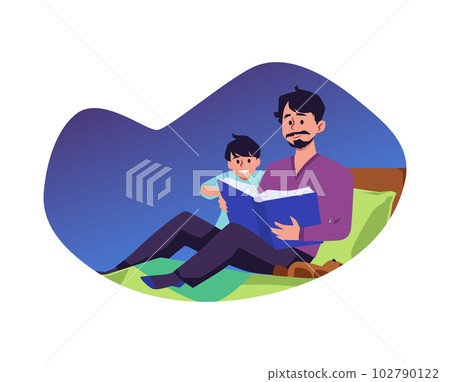 Father reading night time story to son, flat vector illustration isolated on white background. 102790122