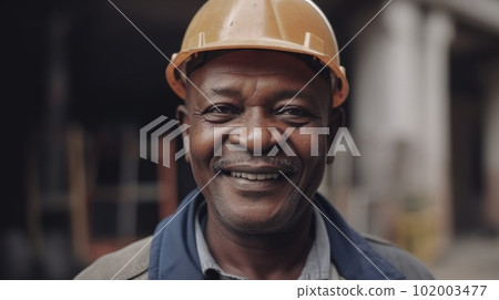 A smiling senior African male construction worker standing in construction site 102003477