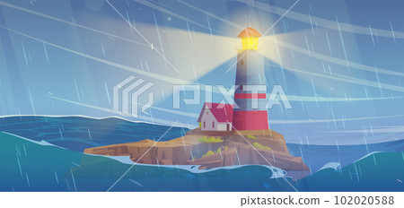 Lighthouse on cliff island in storm sea vector 102020588