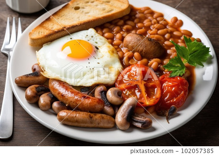 A hearty, full English breakfast, featuring eggs, sausages, grilled tomatoes, mushrooms, baked beans, and toast. Generative AI. 102057385