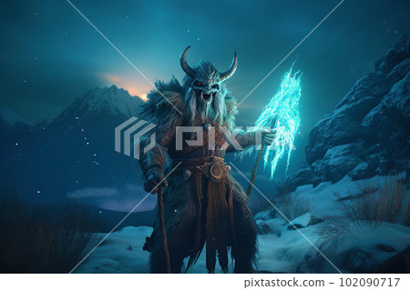 Brutal looking orc shaman. Troll mage in the winter mountains. Goblin wizard in a snowy landscape 102090717