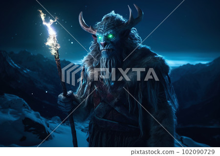 Brutal looking orc shaman. Troll mage in the winter mountains. Goblin wizard in a snowy landscape 102090729