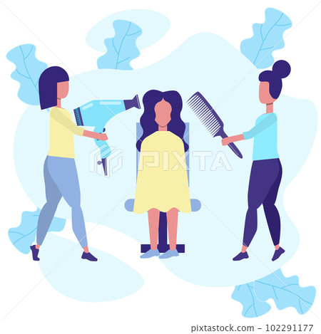 Beautiful female hairdressers blow-dry with hairdryer and comb hair. Happy women in hairdressing salon. Flat illustration in blue and yellow color 102291177