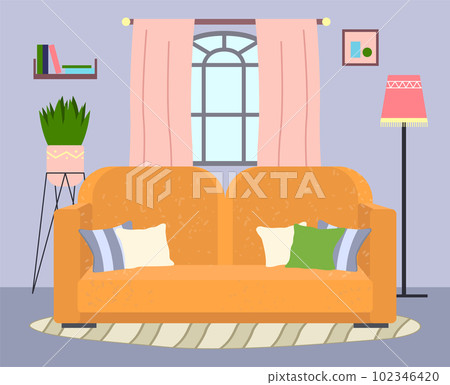 Living room furniture design, modern home interior. Sofa with pillows, lamp and potted plant 102346420