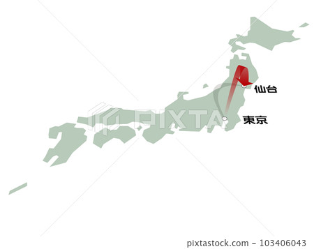 A map of Japan with a three-dimensional arrow heading from Tokyo to Sendai vector illustration 103406043