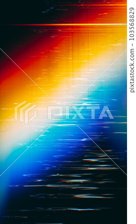 Glitch noise overlay. Light flare. Old film artifacts. Blue orange white color glow distortion dust scratches texture on dark black illustration abstract background. 103568829