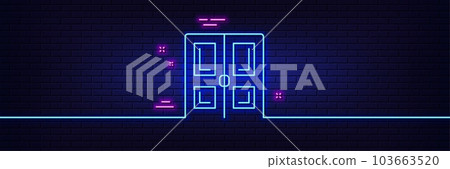 Neon light glow effect. Door line icon. Building entrance sign. Exit doorway symbol. 3d line neon glow icon. Brick wall banner. Door outline. Vector 103663520