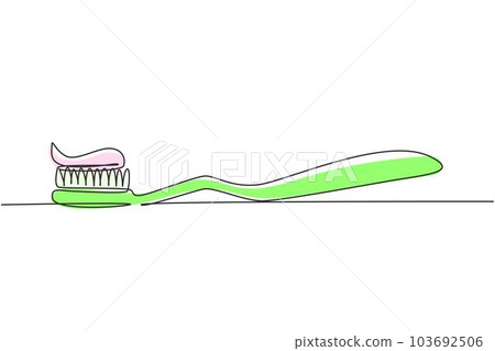 Single one line drawing toothbrush with toothpaste. Dental care equipment at home. Brushing teeth. Teeth care concept. Oral care center. Modern continuous line draw design graphic vector illustration 103692506