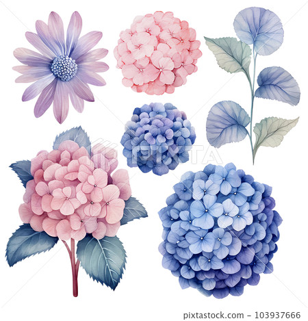 watercolor hydrangea, leaves, flower, AI Generative 103937666