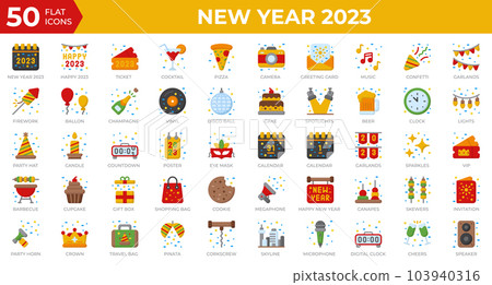 New year 2023 icons in flat style. Calendar, Confetti, Pizza. Flat icons collection. Holiday symbol. Vector illustration 103940316