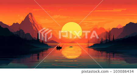 Landscape background with mountains and hills at sunset or sunrise, wallpaper, decor, print, Generated AI 103086434