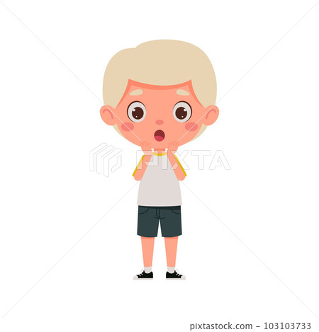 Cute cartoon little scary boy with blond hair. Little schoolboy character show facial expression. Vector illustration 103103733