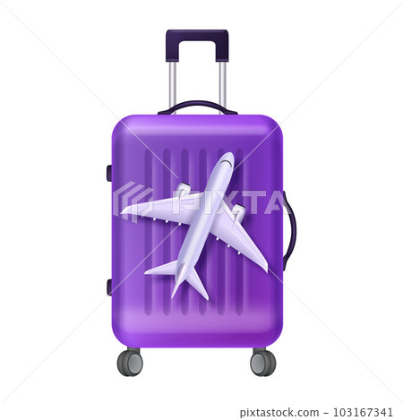 3D rolling luggage, travel baggage clipart, vector purple vacation suitcase, airport bag icon wheels 103167341