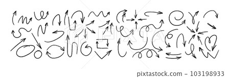 Charcoal hand drawn pencil arrows. Doodle curved chalk darts. Texture design elements of scribble lines. Vector illustration of hand painted crayon check lines. 103198933