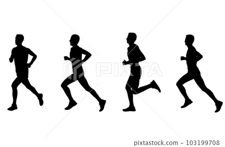 marathon runner, four steps silhouettes - vector artwork 103199708