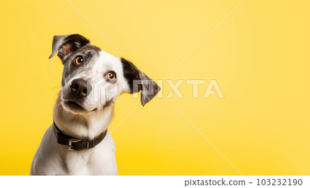 Advertising portrait, banner, of a black and white spotted dog, with head tilted, and a leather collar, isolated on a neutral orange background. Generated Ai. High quality illustration 103232190